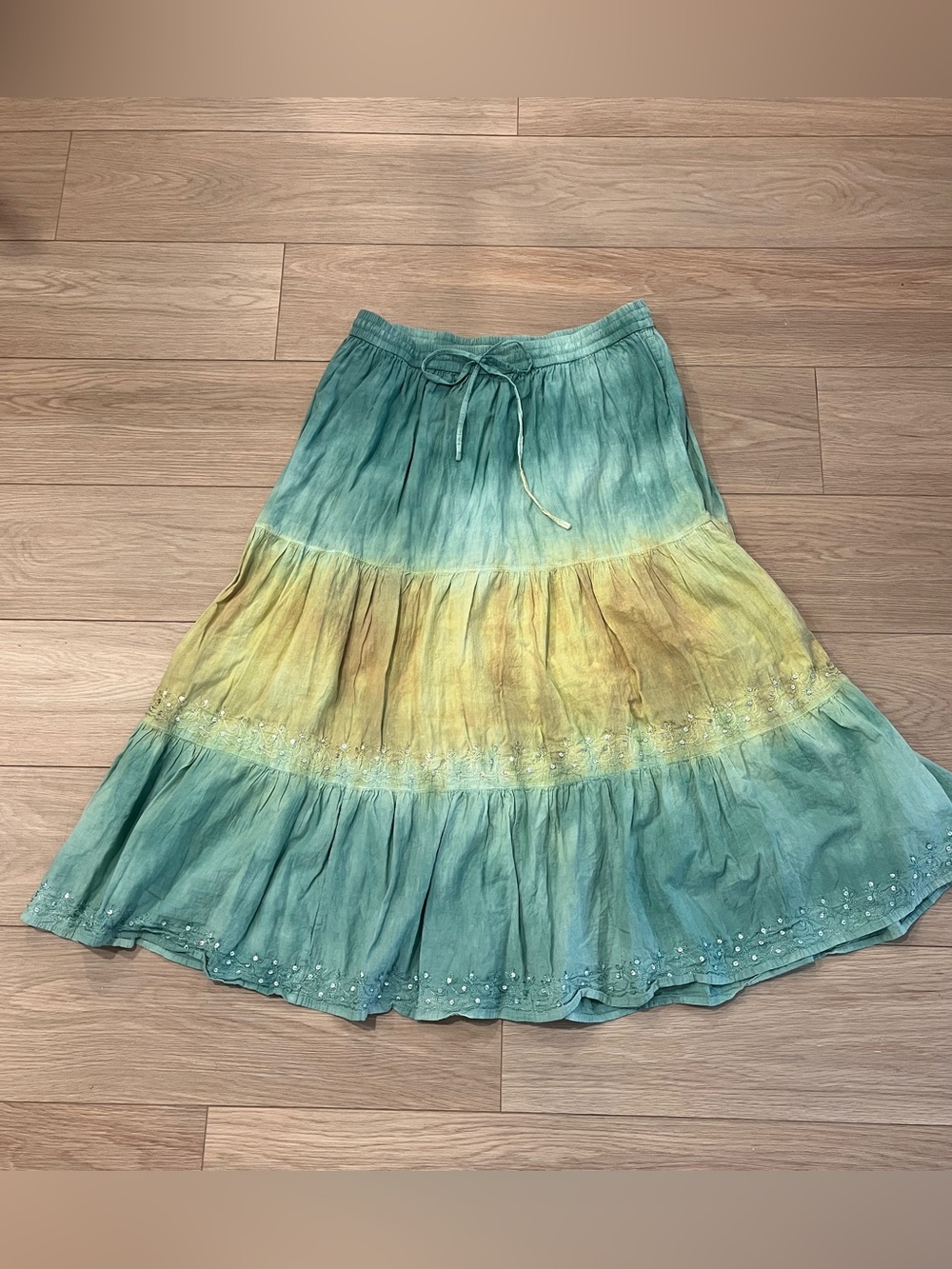 Y2K Boho Tiered Embroidered Maxi Skirt Turquoise XXL